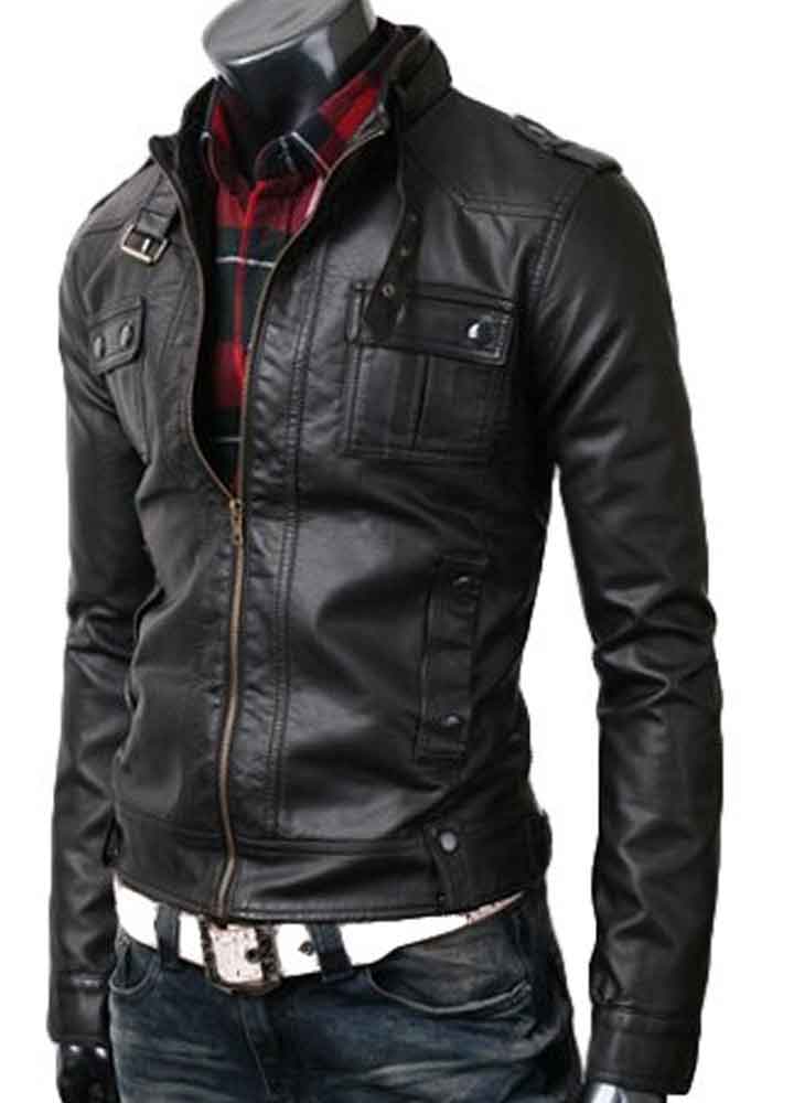 MENS STRAP POCKET BLACK LEATHER JACKET